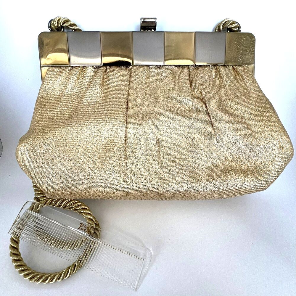VTG Gold Lame Kiss Lock Clutch w Strap 1960s Pegi Paris Comb Evening Wedding Bag